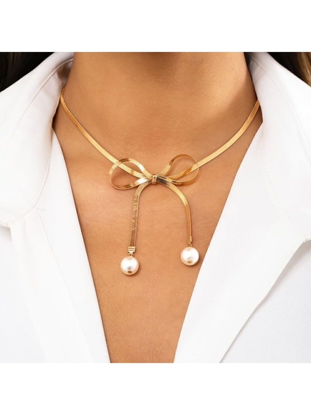 Bow Pearl Choker Necklace Gold Silver Plated Snake Chain Statement Jewelry